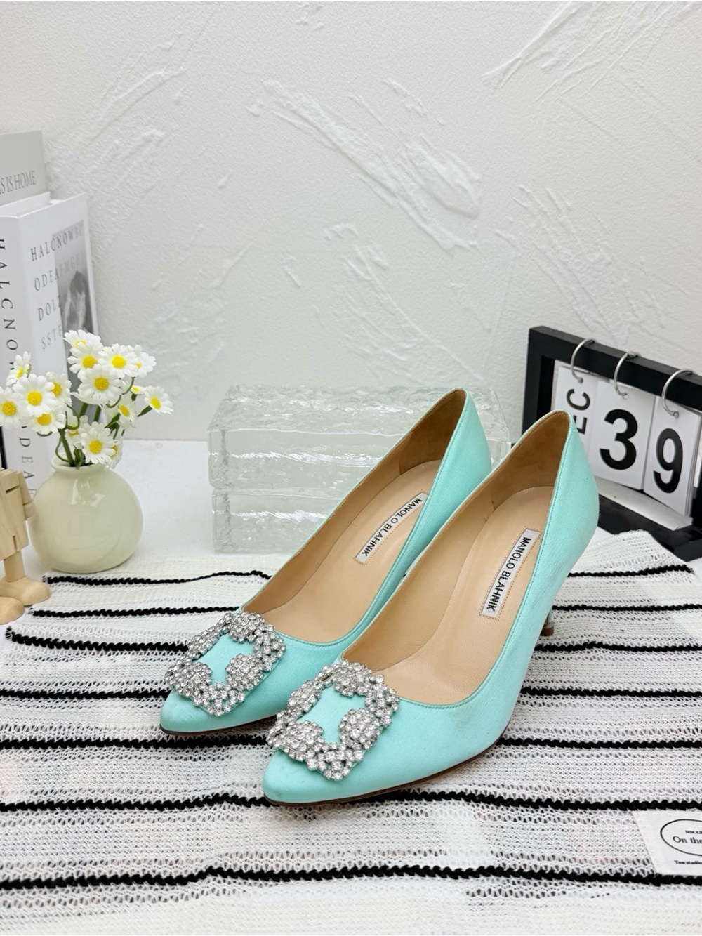 Manolo Blahnik Mint Satin Hangisi Crystal-Embellished Pumps